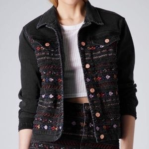 Topshop Moto Black Embroidered Denim Jacket - image 1